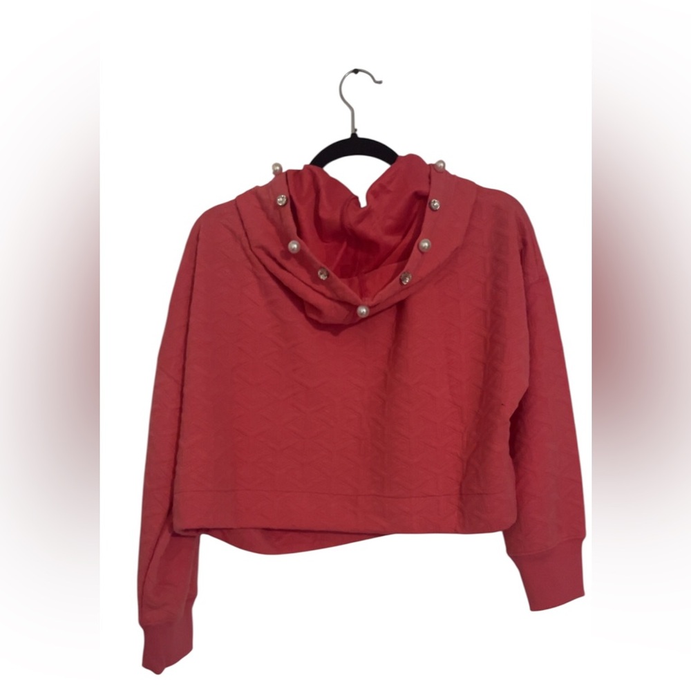 New Simply Southern Pink crop Quilted hoodie w/ pearl & diamond embellished hood